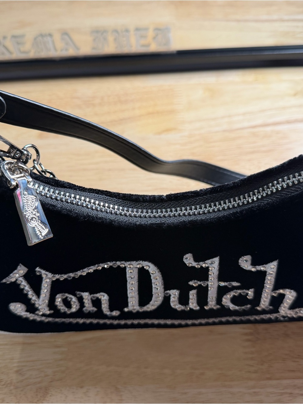 Von Dutch Black Velvet Mini Shoulder Bag with White Trim - Picture 3 of 8
